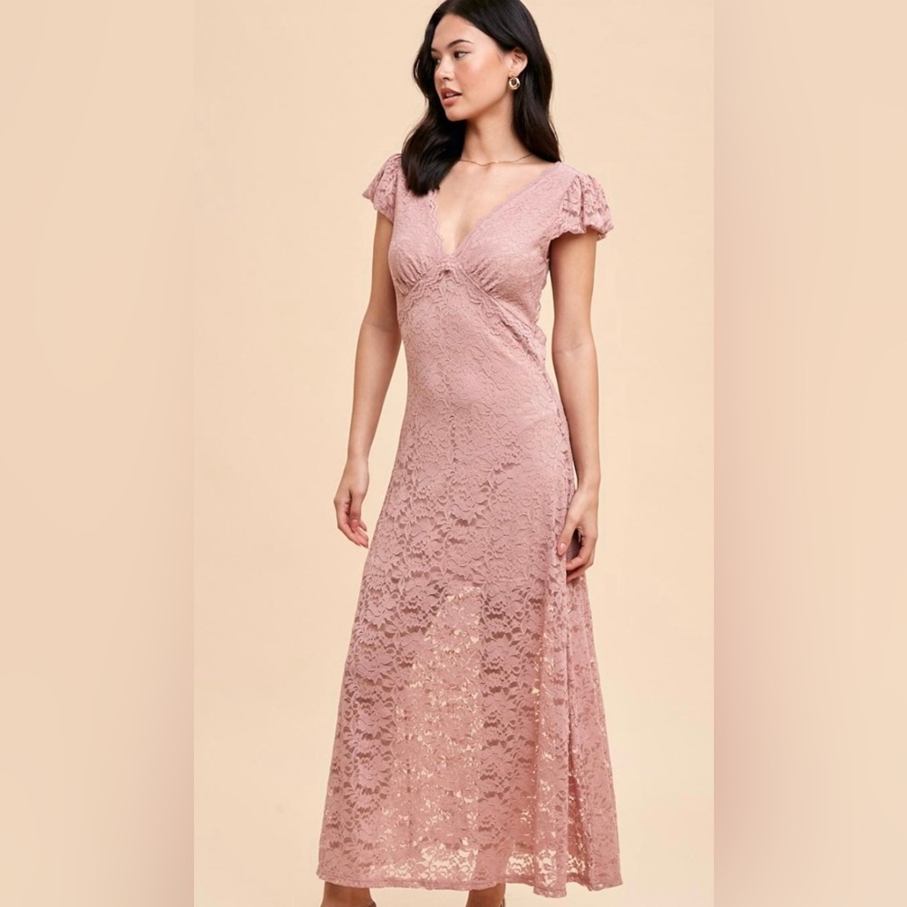 Aminy Dusty Rose Allover Lace Open Back Maxi Dress